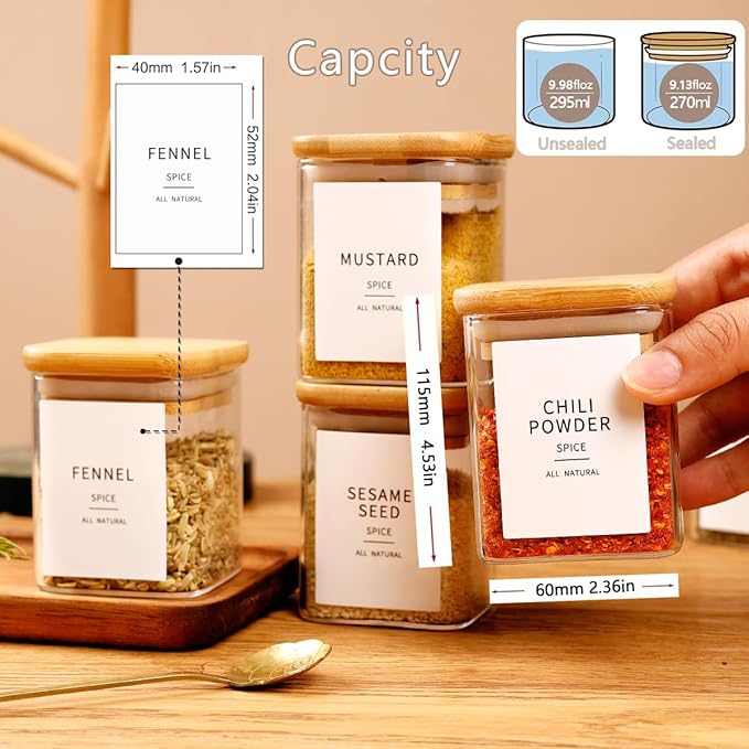 12 Pcs Square Glass Spice Jars with Natural Bamboo Lids - 9oz Airtight Herb Containers with 148 Waterproof Minimalist Spice Labels Preprinted - Empty Small Seasoning Jars for Kitchen Pantry-Ruum Studio Home