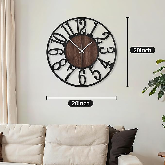 Maxstar Round Wall Clock for Living Room Decor Battery Operated Non Ticking Silent Vintage Black Metal Wood Clocks for Home Living Room Garden Farmhouse Office Kitchen Decoration -20 inch-Ruum Studio Home