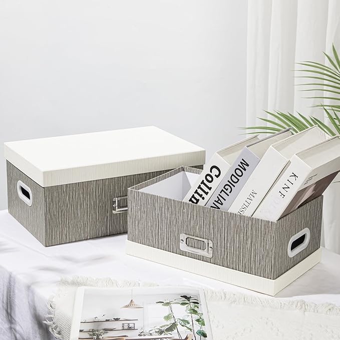 Briful Set of 2 Decorative Storage Boxes with Lids – Gray & White Nesting Organizer Bins, 14'' + 13'' Set Rectangular Fabric Covered Cardboard Boxes for Office, Closet, or Home Decor-Ruum Studio Home