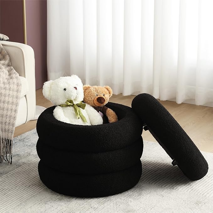 ONEVOG Sherpa Storage Ottoman, Foot Rest Stool Seat for Living Room, Black Vanity Foot Pouf, Tufted Footstool with Removable Lid for Dorm, Bedroom-Ruum Studio Home