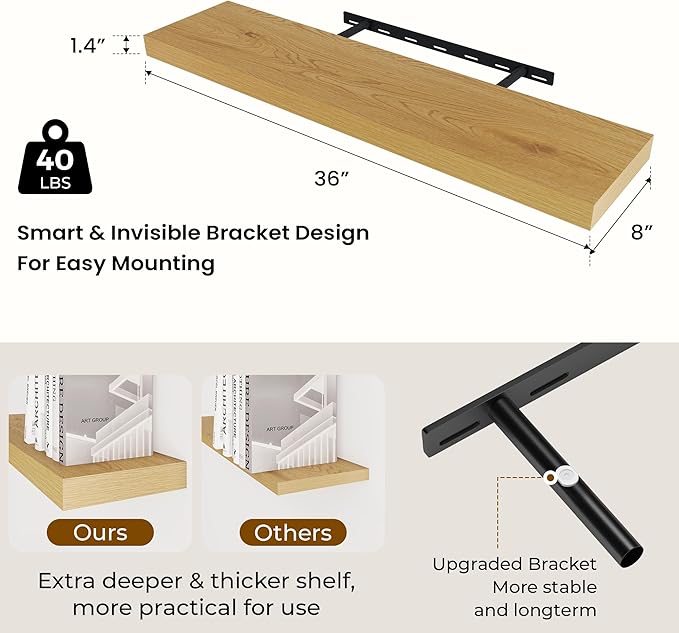 36 inch Floating Shelves Wall Shelves for Office with Invisible Brackets, 8 inch Deep Shelves for Bathroom, Living Room, Kitchen, Office, 36x7.9 inch deep Set of 2, Oak-Ruum Studio Home