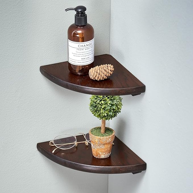 Corner Shelves, Floating Corner Shelf, Set of 2 Solid Oak Wood Wall Shelves, Round End Wall Mount with Wire Hole Shelving for Small Plant for Bedroom Kitchen, Living Room Walnut 8.7”-Ruum Studio Home
