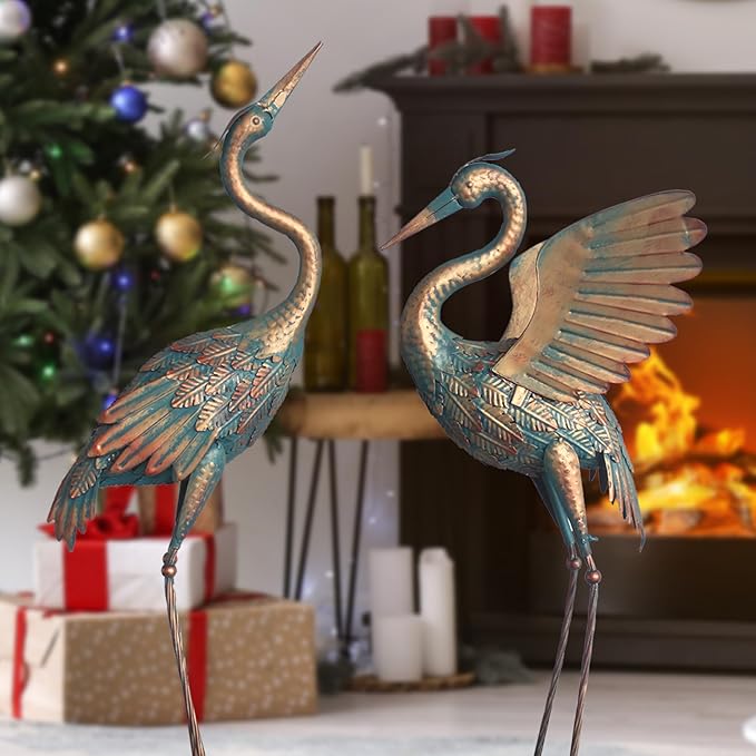 33-37 Inch Metal Crane Garden Statue Décor, Bird Heron Garden Sculpture & Statues, Outdoor Decoration for Yard Pond Lawn Backyard Pool, Vintage Spread Wings Crane, Set of 2 Copper…-Ruum Studio Home
