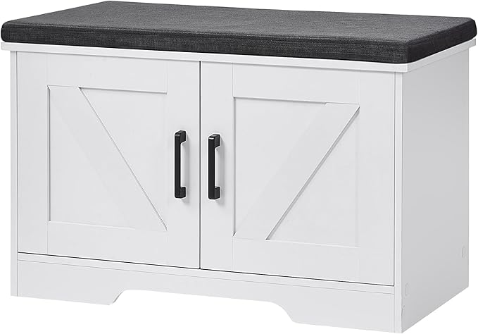 2-Tier Storage Bench, Shoe Bench with Padded Seat Cushion, Entryway Bench with 2 Barn Doors, Adjustable Shelf, 13.8" D x 27.6" W x 17.7" H, for Entryway, Living Room, Bedroom, White-Ruum Studio Home