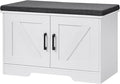 2-Tier Storage Bench, Shoe Bench with Padded Seat Cushion, Entryway Bench with 2 Barn Doors, Adjustable Shelf, 13.8" D x 27.6" W x 17.7" H, for Entryway, Living Room, Bedroom, White-Ruum Studio Home