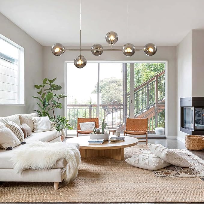 KCO Modern 6-Light Ceiling Pendant Lighting Mid-Century Glass Globes Sputnik Pendant Lamp Hanging Adjustable Chandelier for Kitchen Island Living Dining Room (Silver+Smoke Grey)-Ruum Studio Home