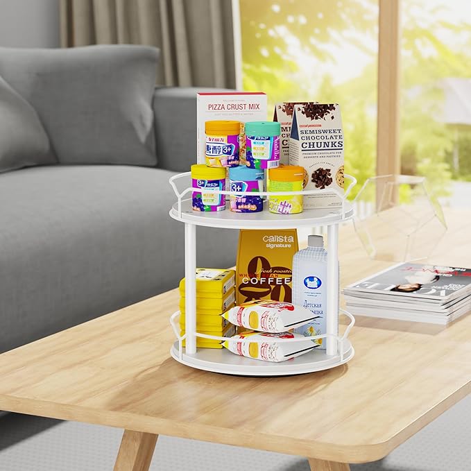 Lazy Susan Organizer 2 Tier - 9.2" Turntable Spice Rack for Table Top, Wooden Rotating Lazy Susan for Cabinet Pantry Kitchen Countertop Dining Table Cupboard Bathroom Vanity Storage(White)-Ruum Studio Home