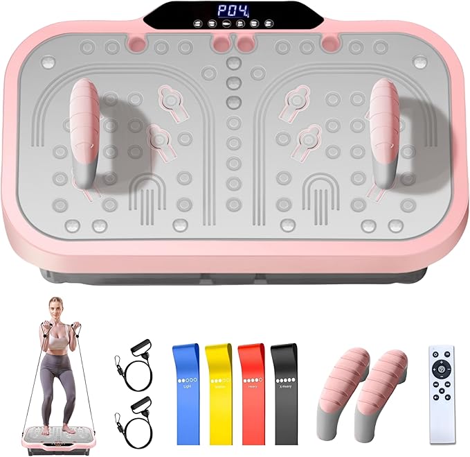 Vibration Plate Exercise Machine, Vibrating Fitness Platform Whole Body Shake Board Workout Equipment Fat Burner Vibrate Stand with Bluetooth Resistance Bands for Women Men Home Sport Gym-Pink-Ruum Studio Home