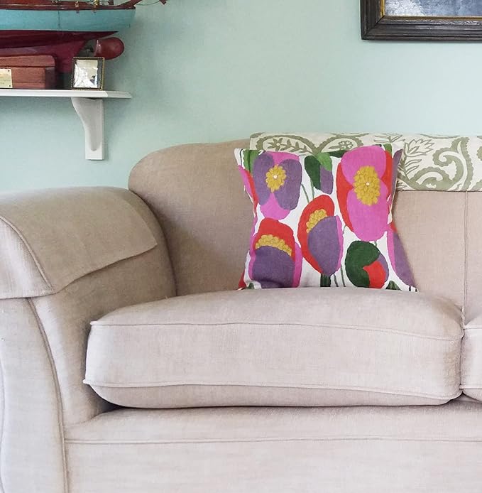 Lily Pink Flower Pillow Cover | Suzani Accent Pillow | Outdoor Floral Pillows | Hand Embroidered Wool Cushion - 18x18-Ruum Studio Home