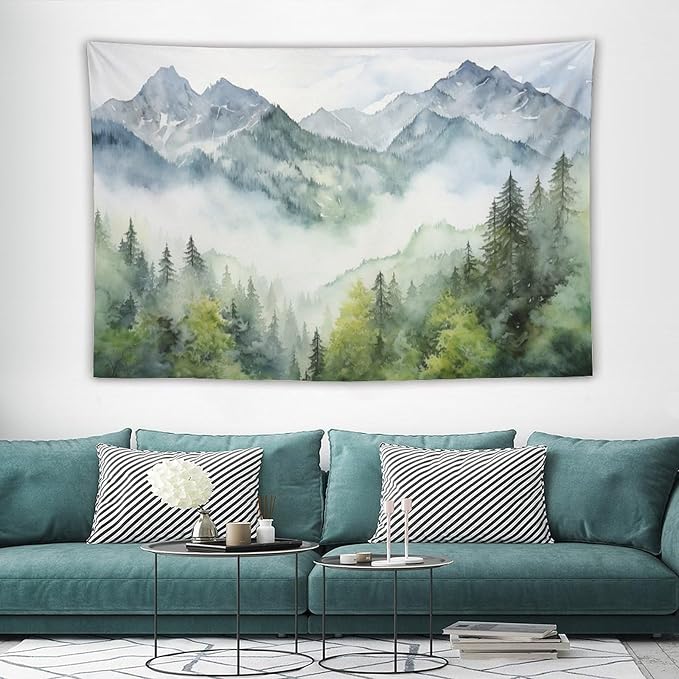 HZOHNAGO Mountain Tapestry Misty Green Forest Mountain Pattern Printed Wall Tapestry Wall Hanging for Bedroom Living Room Dorm 90" W x 60" H-Ruum Studio Home