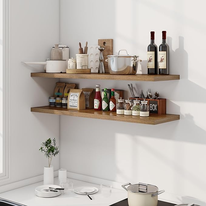 48" Floating Shelves for Wall, 12" Deep Slim Walnut Floating Shelves, Wall-Mounted Shelves for Bedroom, Living Room, Kitchen, Bathroom - Set of 2-Ruum Studio Home