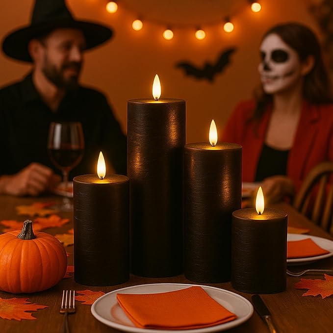 Halloween Flameless Candles, 4 Pack Battery Operated Halloween Candles with Remote, Wax LED Fake Pillar Candles Fireplace/Shelf Decor D3 H 5" 6" 7" 9" Black-Ruum Studio Home