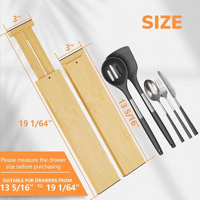 BAMEOS 4 pcs 3" High Bamboo Drawer Dividers Adjustable Drawer Organizer Expandable Drawer Organization Utensil Organizers for Kitchen Dresser Bathroom Bedroom and Office-Ruum Studio Home
