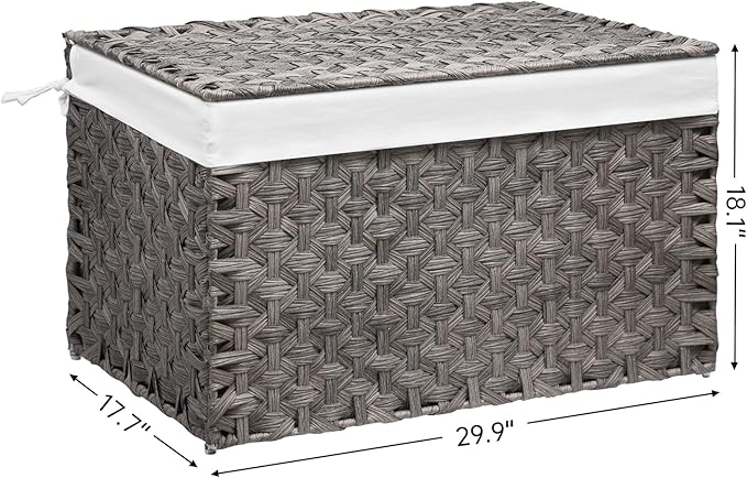 Wicker Storage Basket with Lid, 42.3 Gallon (160L) Large Blanket Basket with Lid, Woven Storage Bin with Handles, Removable Liner, Metal Frame, Foldable, for Bedroom, Laundry Room, Grey-Ruum Studio Home