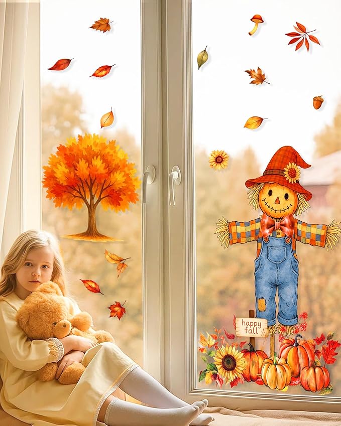 Fall Window Clings - 9 Sheets 116 Pcs Fall Decorations for Autumn Thanksgiving Harvest Home Party, Pumpkin Leaves Truck Maple Sunflowers Stickers for Glass, Double-Sided Static Window Decals-Ruum Studio Home