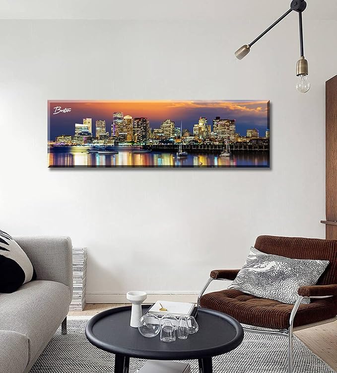 DJSYLIFE Boston Skyline Wall Art Canvas Prints Colorful USA City Night Pictures Modern Panoramic Cityscape Posters Paintings for Bedroom Office Decor, Ready to Hang 13.8"x45.3"-Ruum Studio Home