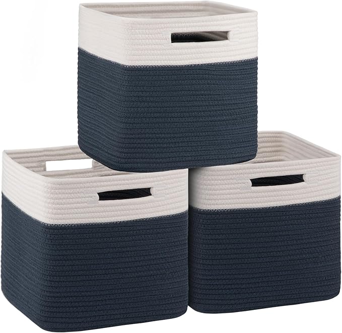 OIAHOMY Cube Storage Basket, 3-Pack Woven Cotton Rope Baskets for Storage, 11-Inch Cube Basket with Handles, Great for Shelves, Closets, Children's Toy Storage and Organization-White & Blue-Ruum Studio Home