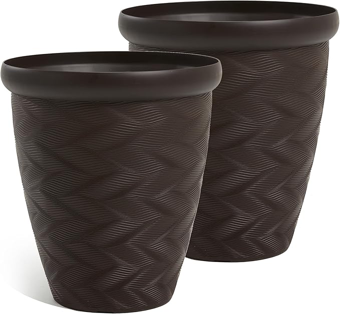 Worth Garden 2-Pack 16" Large Round Planter - Weave Pattern Lightweight Plastic Plant Pot 16" x 17.5" for Indoor Outdoor Use - Decorative Containers for Front Porch Home Yard Deck Patio - Dark Brown-Ruum Studio Home