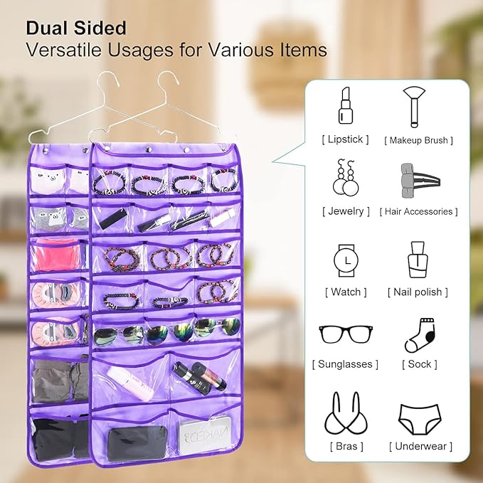 Dual Sided Hanging Organizer for Jewelry Makeup Storage Closet Organizers for Bows Socks Underwear with 42 Clear Pockets (PURPLE)-Ruum Studio Home