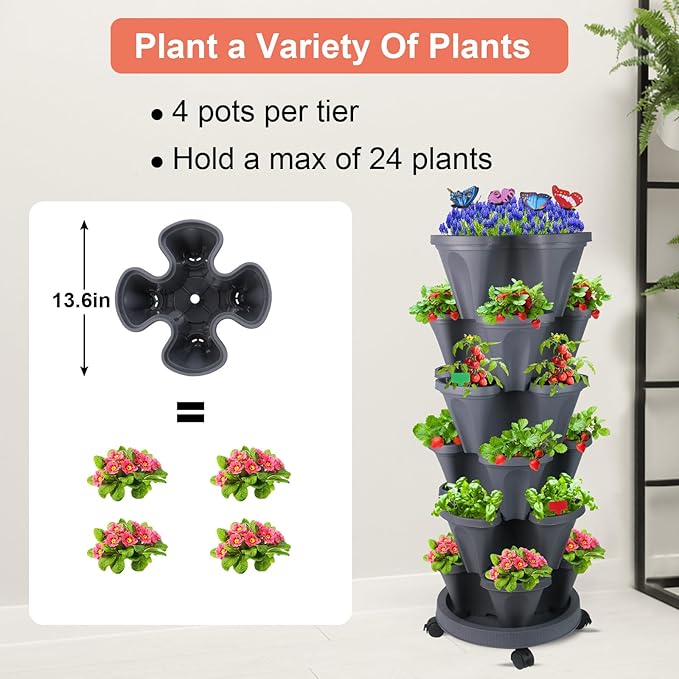 Vertical Planter, 6 Tier Stackable Strawberry Planter with Garden Tool Set, Movable Indoor/Outdoor Garden Herb Pot for Growing Vegetables and Succulents, Dark Gray-Ruum Studio Home