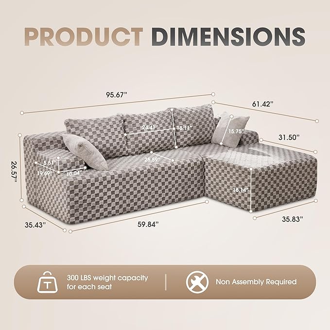 Hobestluk 96“ Modular Sectional Sofa Couches L-Shape Couch 3 Seat Modular Sofa Memory Foam Sectional Couches for Living Room, Cloud Couch with Oversized Chaise (Grey, Checked (Right Facing Chaise))-Ruum Studio Home