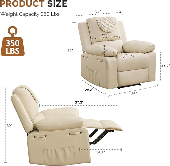 Recliner Chair with Electric Massage Adjustable Footrest & Heat, Manual Leather Recline for Adults Living Room Remote Control (Beige)-Ruum Studio Home