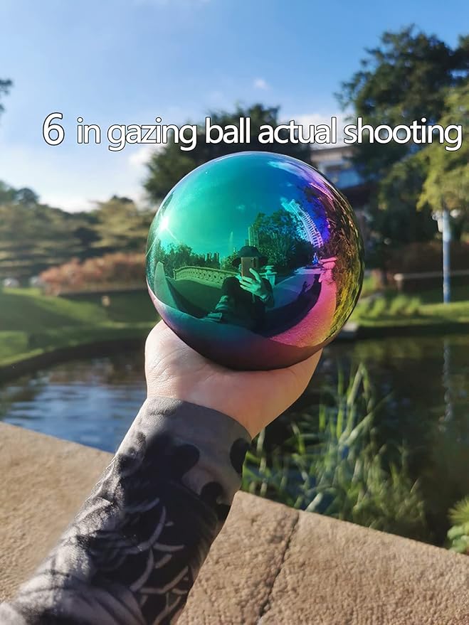 Rainbow Gazing Globe Mirror Ball in Stainless Steel, Shiny Hollow Sphere Sparkling Housewarming Outdoor Ornament (6 Inch)-Ruum Studio Home