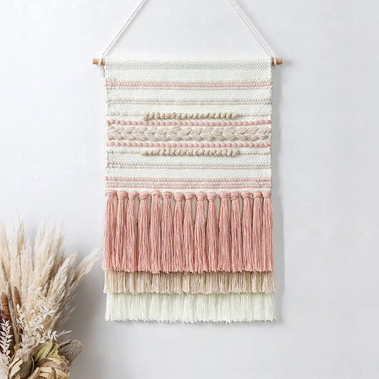Dremisland Macrame Woven Wall Hanging Home Decor Bohemian Beige Geometric Wave Art Decor with Wool Ball and Tassle-Elegant Apartment Bedroom Dorm Room Door Decoration (Pink Line)-Ruum Studio Home