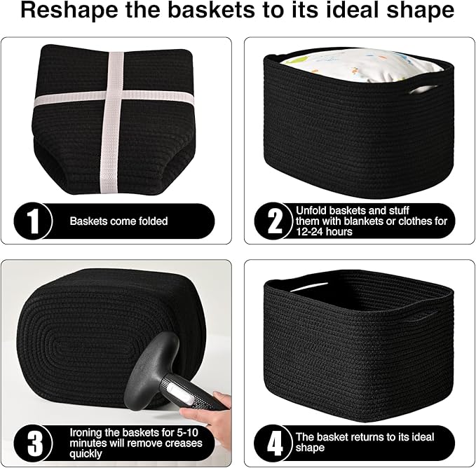 Black Storage Baskets for Shelves, Small Storage Baskets for Organizing, Woven Cotton Rope Baskets for Storage, Book Basket, Decorative Shelf Basket, 12.5"Lx9.1''Wx7.9''H (4 Packs) Black-Ruum Studio Home