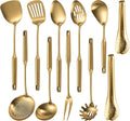 304 Stainlss Steel Matte Kitchen Utensils Set, 11 Pcs Long Metal Cooking Utensil Gadgets Tools Set with Spatula, Spoon, Ladle, Skimmer, Tunner, Pasta Server, Tongs(Gold, Dishwasher Safe)-Ruum Studio Home