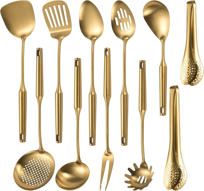 304 Stainlss Steel Matte Kitchen Utensils Set, 11 Pcs Long Metal Cooking Utensil Gadgets Tools Set with Spatula, Spoon, Ladle, Skimmer, Tunner, Pasta Server, Tongs(Gold, Dishwasher Safe)-Ruum Studio Home