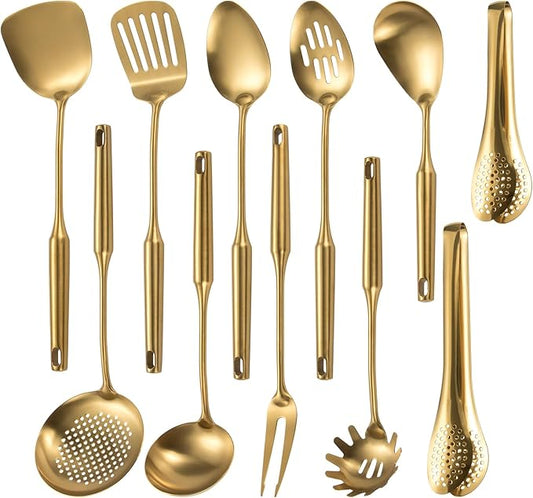 304 Stainlss Steel Matte Kitchen Utensils Set, 11 Pcs Long Metal Cooking Utensil Gadgets Tools Set with Spatula, Spoon, Ladle, Skimmer, Tunner, Pasta Server, Tongs(Gold, Dishwasher Safe)-Ruum Studio Home