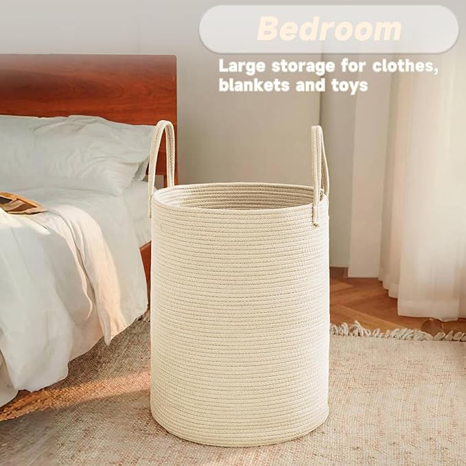 Large Woven Laundry Basket Hamper,80L Cotton Rope Storage Bin for Blankets,Toys and Clothes,Decorative Tall Nursery Hamper for Living Room,Baby Nursery,Bathroom and Bedroom,Beige-Ruum Studio Home