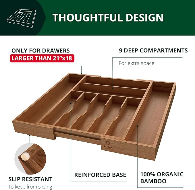 ROYAL CRAFT WOOD Luxury Bamboo Kitchen Drawer Organizer - Silverware Organizer - Utensil Holder and Cutlery Tray with Grooved Drawer Dividers for Flatware and Kitchen Utensils (9 Slot, Brown Bamboo)-Ruum Studio Home