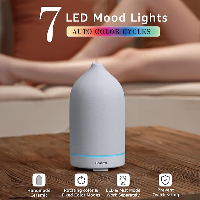 200ML Ceramic Essential Oil Diffuser - Ultrasonic Aromatherapy & Humidifier with 7-Color LED Lights, Auto Shut-Off, White, 1H/3H/6H Timer | Scent for Home,Office,Yoga-Ruum Studio Home