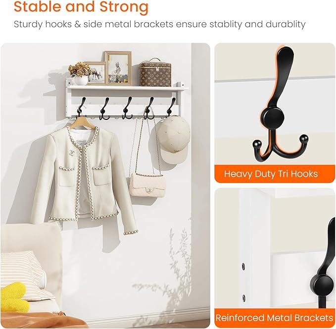 Homode Wall Shelf with Hooks, 24 Inch Coat Rack with Tri Hooks, Farmhouse Entryway Floating Coat Hanger with Storage for Bathroom, Entry Way, Mudroom, White-Ruum Studio Home
