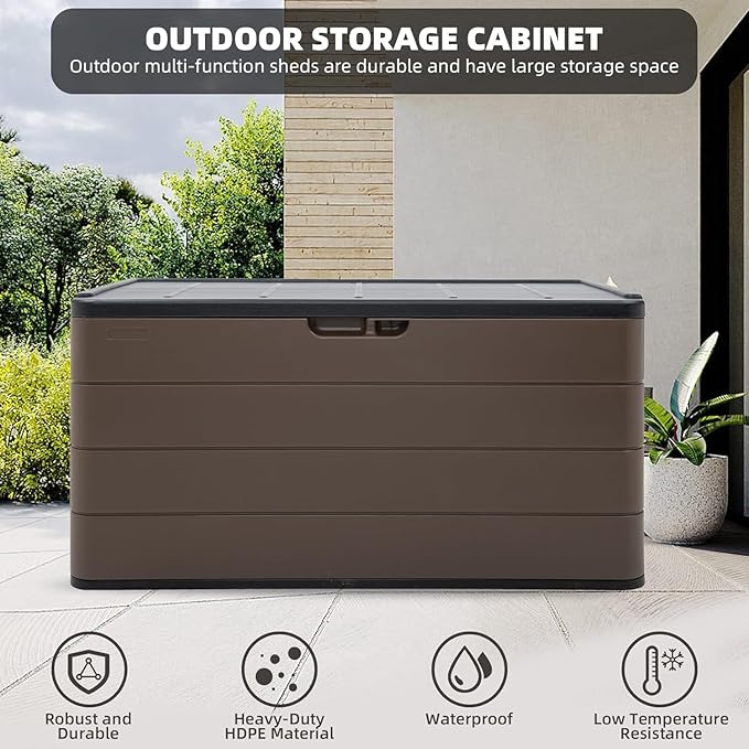 100 Gallon Plus Resin Deck Box, Waterproof Outdoor Storage Bin for Patio Furniture, Pool Accessories, and Garden Tools, Lockable & UV-Resistant, Brown-Ruum Studio Home