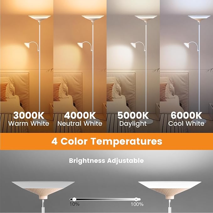 Torchiere Floor Lamp with Wood Grain Shade, 72" Dimmable LED Standing Lamp with Remote, 2-in-1 Floor Reading Lamp with Color Changing, 34W White Corner Lamp for Living Room Bedroom Office-Ruum Studio Home
