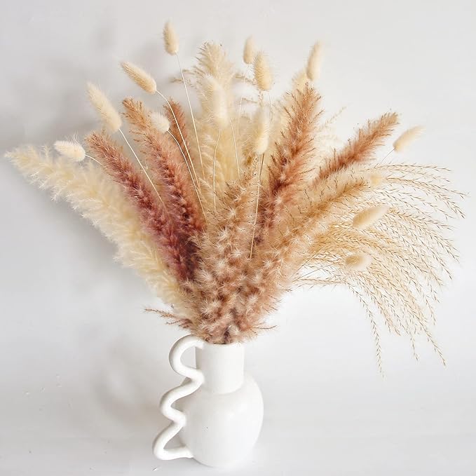 Natural Dried Pampas Grass Decor, 100 PCS Pampas Grass Contains White Bunny Tails Dried Flowers, Reed Grass Bouquet for Wedding Boho Flowers Home Table Decor, Rustic Farmhouse Party-Ruum Studio Home