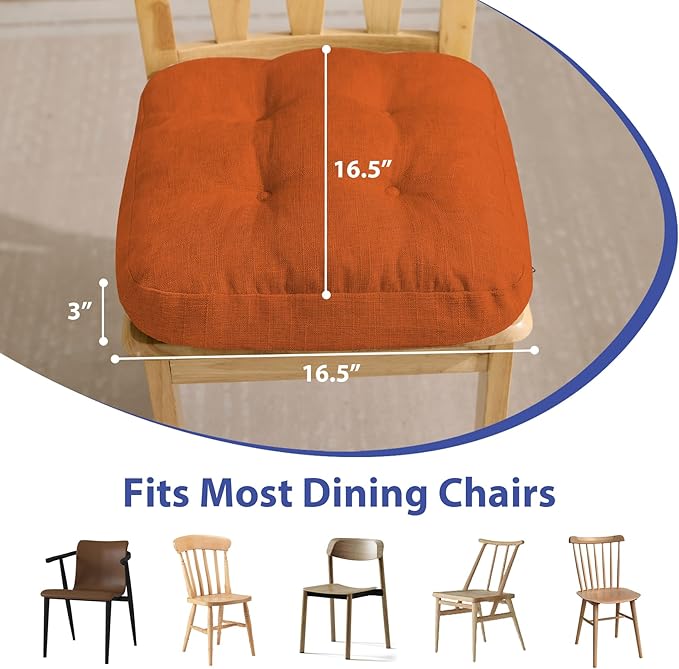 Chair Cushions for Dining Chairs, Dining Chair Cushions, Tufted Indoor Chair Pads with Ties & Non Slip Backing, Seat Cushions for Kitchen Chairs 16.5” x 16.5” x 3.5”, Set of 6, Orange-Ruum Studio Home