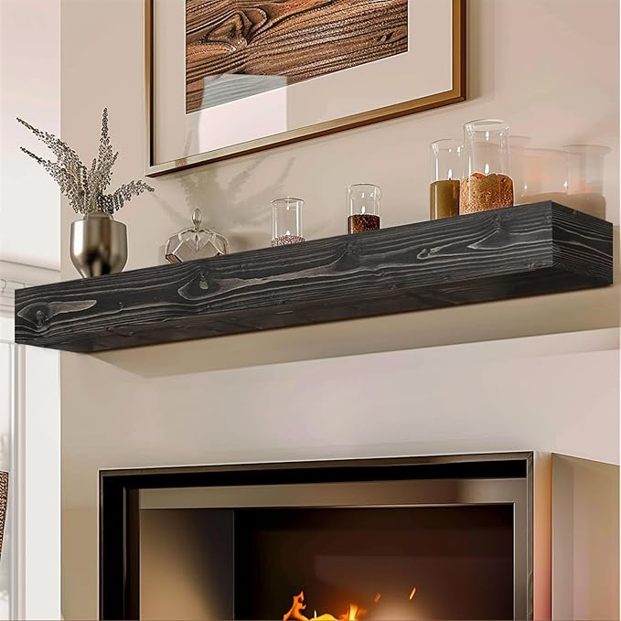 56x8x5 Fireplace Mantel - Handcrafted Hollow Rustic Solid Wood Wall Mounted Floating Shelf with Invisible Heavy Duty Wood Bracket (Weathered Black)-Ruum Studio Home