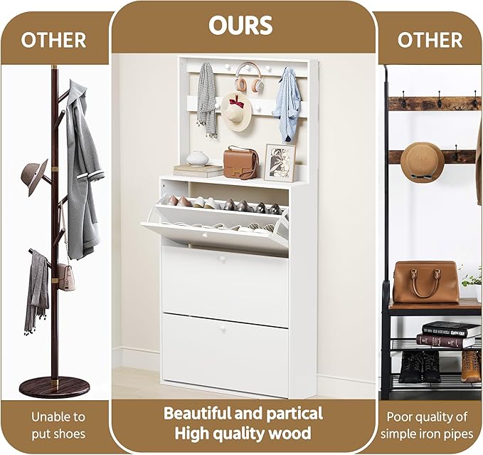 Shoe Cabinet with 3 Flip Drawers, Narrow Shoe Cabinet with 9 Hooks Coat Rack, Freestanding Shoes Storage Cabinets with Adjustable Shelves for Entryway, Hallway, Living Room, White-Ruum Studio Home