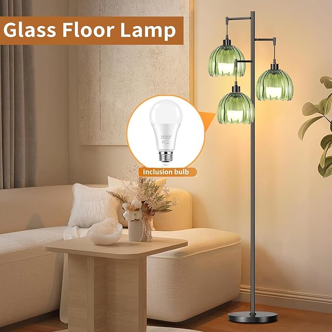 Glass Gold Floor Lamp for Living Room,Bedroom,Mid Century Modern Standing Lamp Brass Tree 3 Light Tall Floor Lamps Vintage Retro Floor Lights Green Flower Lamp Shade Farmhouse Boho Bohemian-Ruum Studio Home