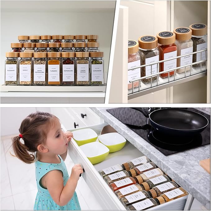 DIMBRAH Spice Jars with Label 24Pcs,Seasoning Containers,Glass Spice Jars with Bamboo Lids,Kitchen Essentials,Spices Container Set,Kitchen Set,Seasoning Organizer,Spice Rack Organizer for Cabinet-Ruum Studio Home