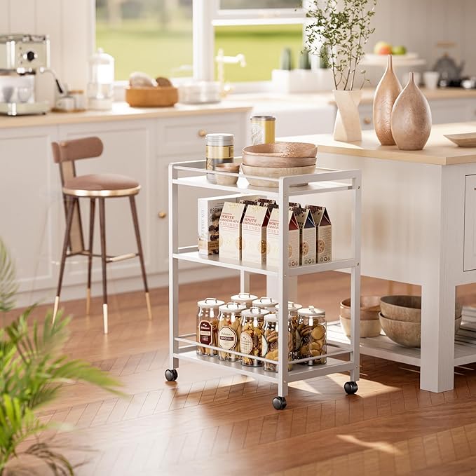 HITNET White Bar Cart, Home Bar Serving Cart, Kitchen Trolley on Wheels with Storage, 3 Tier Rolling Beverage Cart for Living Room Kitchen Home Office-Ruum Studio Home