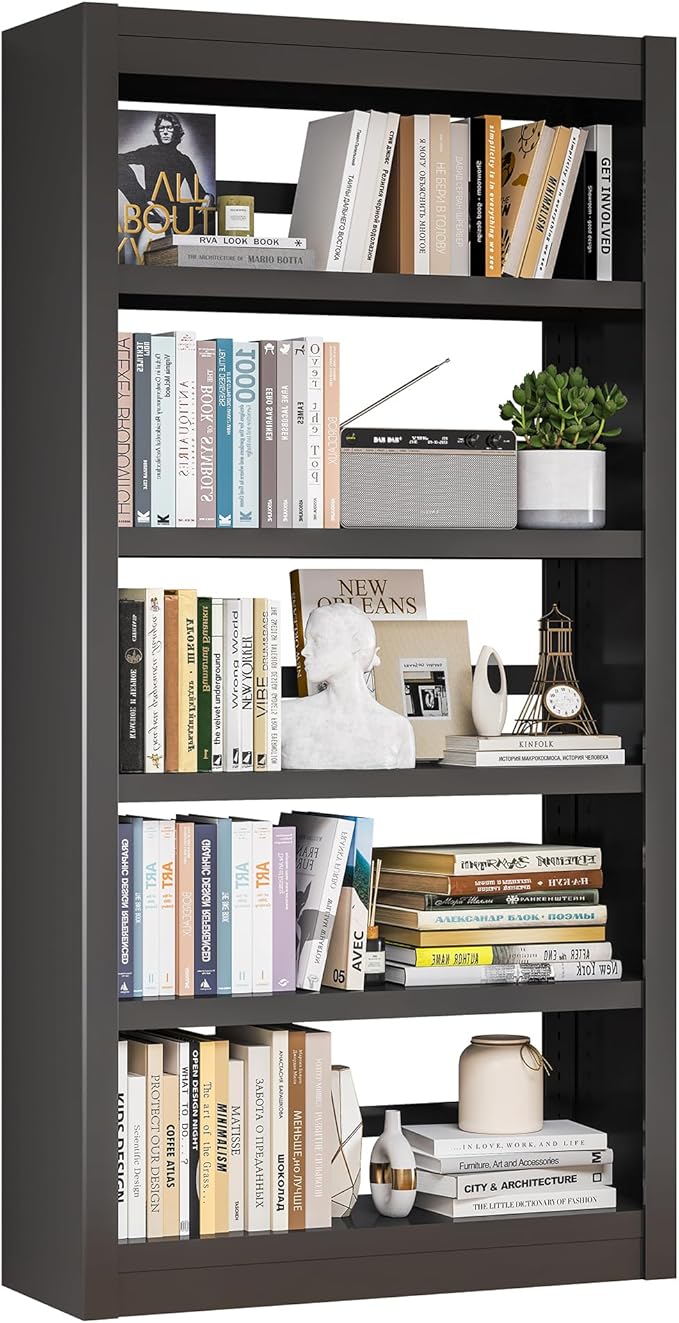 5 Tier Adjustable Black Bookcase, Metal Small Bookshelves and Bookcases, 61" H Display Modern Bookshelf for Living Rooms, Bedrooms, Home Offices, 10 Minutes Assemble-Ruum Studio Home