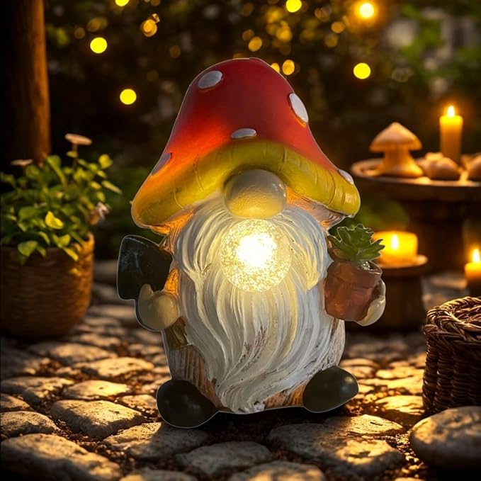 Solar Mushroom Gnomes Garden Statues Outdoor Decor with Night Glow,Cute Fairy Garden Statues for Yard,Pathway,Lawn Art Ornamen,Spring,Easter,Birthday Christmas Women Mom Gift Idea (Red)-Ruum Studio Home