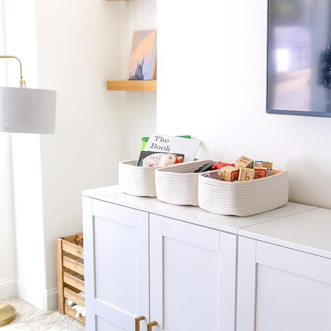 NaturalCozy 11.8"x8"x4.5” Storage Baskets for Shelves 3 Pack | Cotton Rope Woven Small Baskets for Organizing | Small Storage Bins for Nursery, Bathroom, Closet, Cube Shelf, Decorative, Gift Basket-Ruum Studio Home