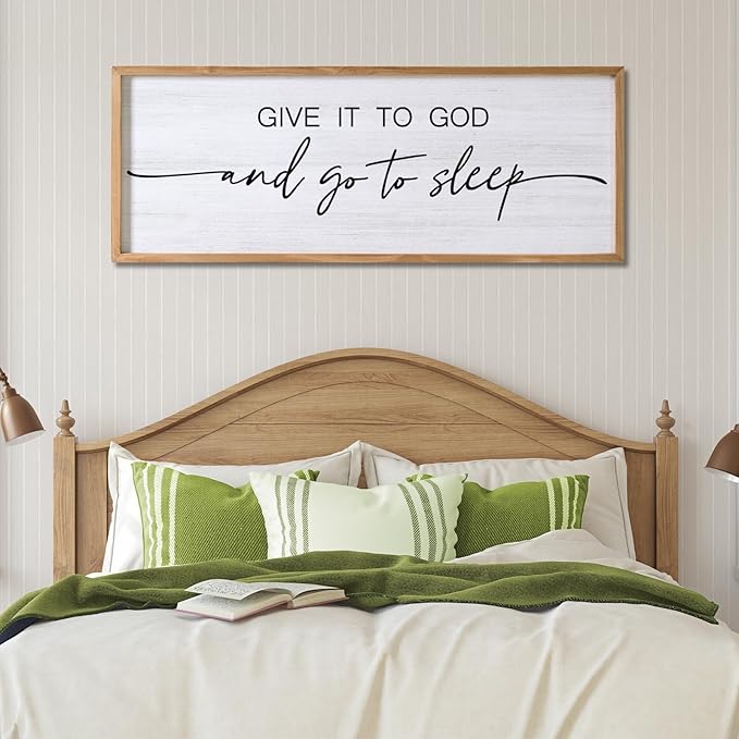 Give It to God and Go to Sleep Decorative Rustic Sign & Plaque Framed Wall Art for Couples, 40''×15'' Vintage Cottagecore Wooden Horizontal Wall Decor Above Bed, Farmhouse Wedding Gift for Bedroom-Ruum Studio Home