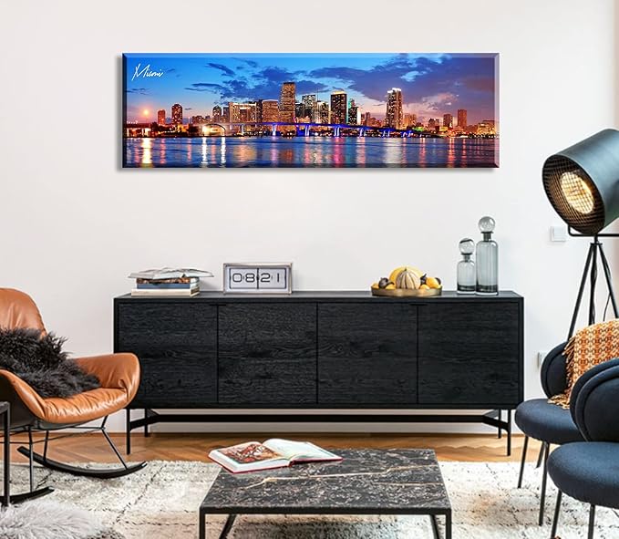 Office Wall Decor Miami Skyline Wall Art Panoramic Cityscape Picture Modern USA City Night View Canvas Prints for Bedroom Living Room Home Decoration Stretched and Framed Ready to Hang 13.8"x45.3"-Ruum Studio Home